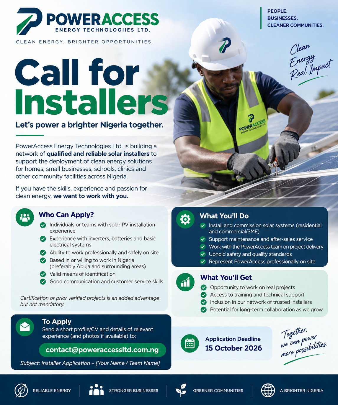 PowerAccess call for solar installers across Nigeria. Full details follow below.